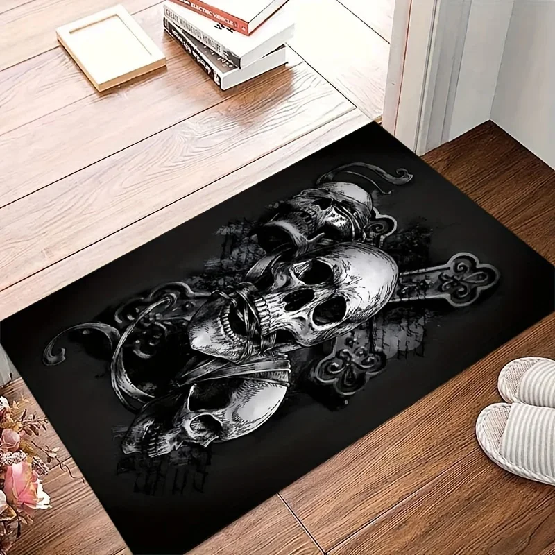 Edgy Skull & Swirl Themed Rug, Anti-Slip Mat with Monochrome Gothic Skulls for Living Room & Bedroom,Bold Rock Decorative Carpet