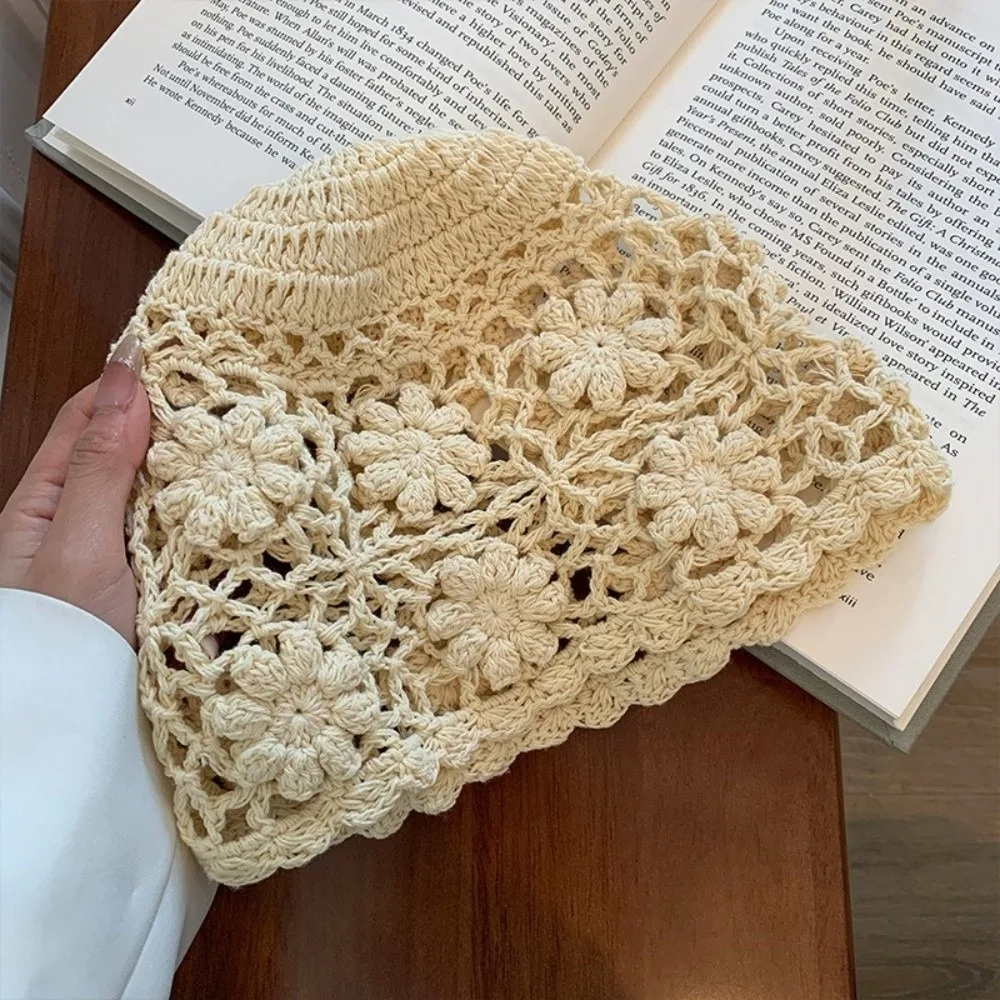 

Casual Handmade Crochet Flower Hat Weave Y2k Knit Basin Caps Sweet Women Beanies Cap Ladies
