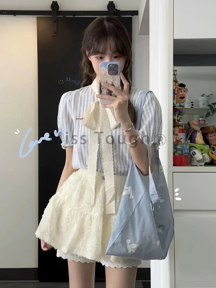 Sweet Girl Lace Bow Shirt 2 Piece Suit Women Y2k Patchwork Summer Elegant Skirt Sets Korean Fashion Striped Casual Set 2024 New