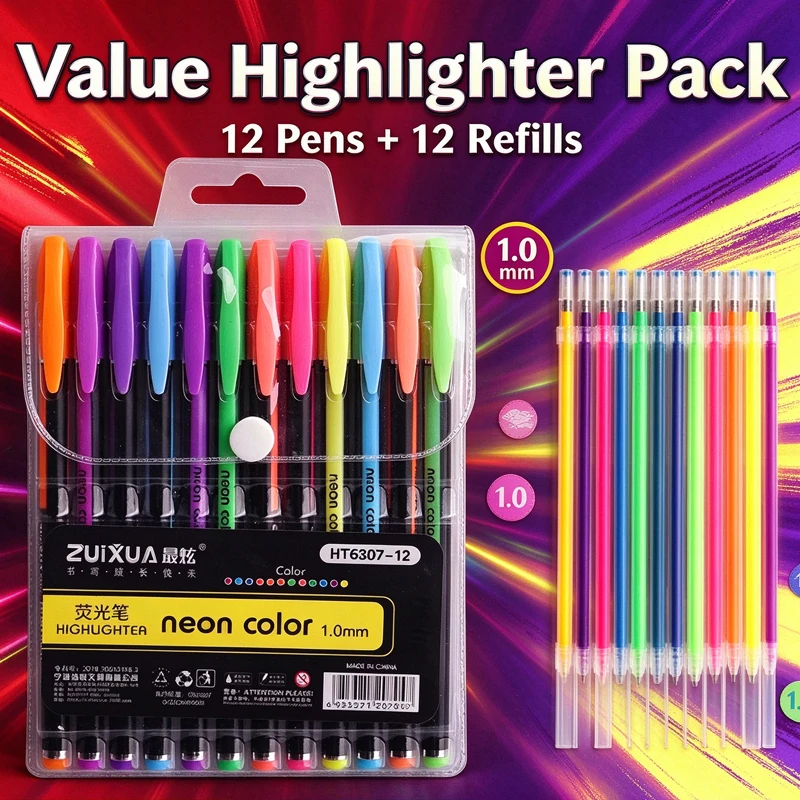 12/24Pc Metallic Glitter Colors Gel Pens & Pen Refills for School Office Adult Coloring Book Journals Art Markers Ballpoint Pens