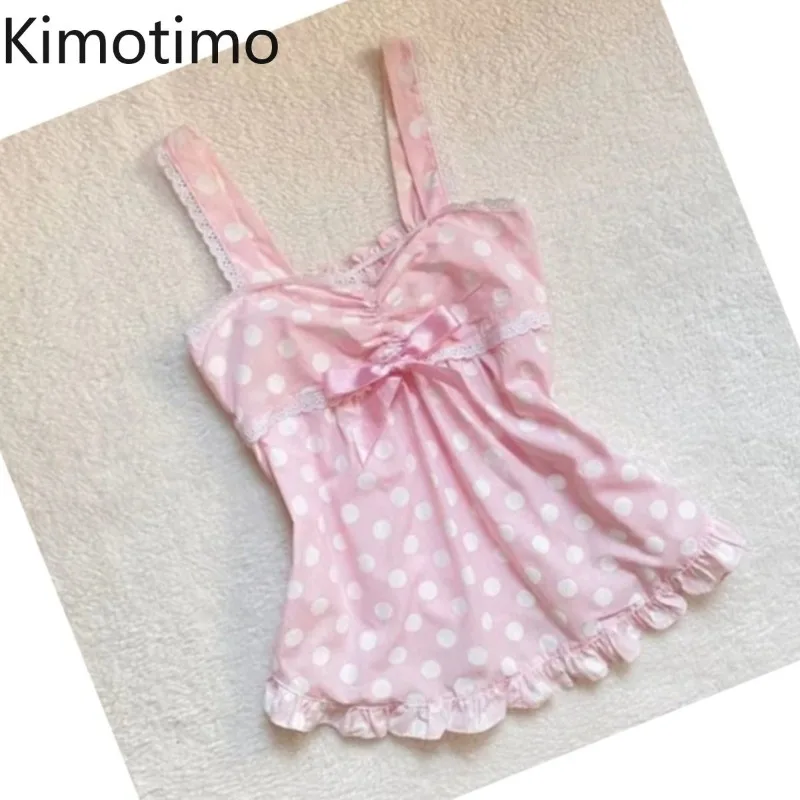 

Kimotimo Vintage Polka Dot Lace Spliced Camisole Vest Women Summer Y2k Aesthetic Slim Fit Ruffled Tank Top Sweet Bow Pink Tops