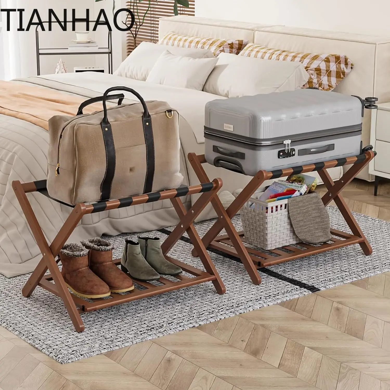 Walnut Luggage Racks Set of 2, 5 Nylon Straps Folding Suitcase Stand, Bamboo Luggage Stands with Storage Shelf