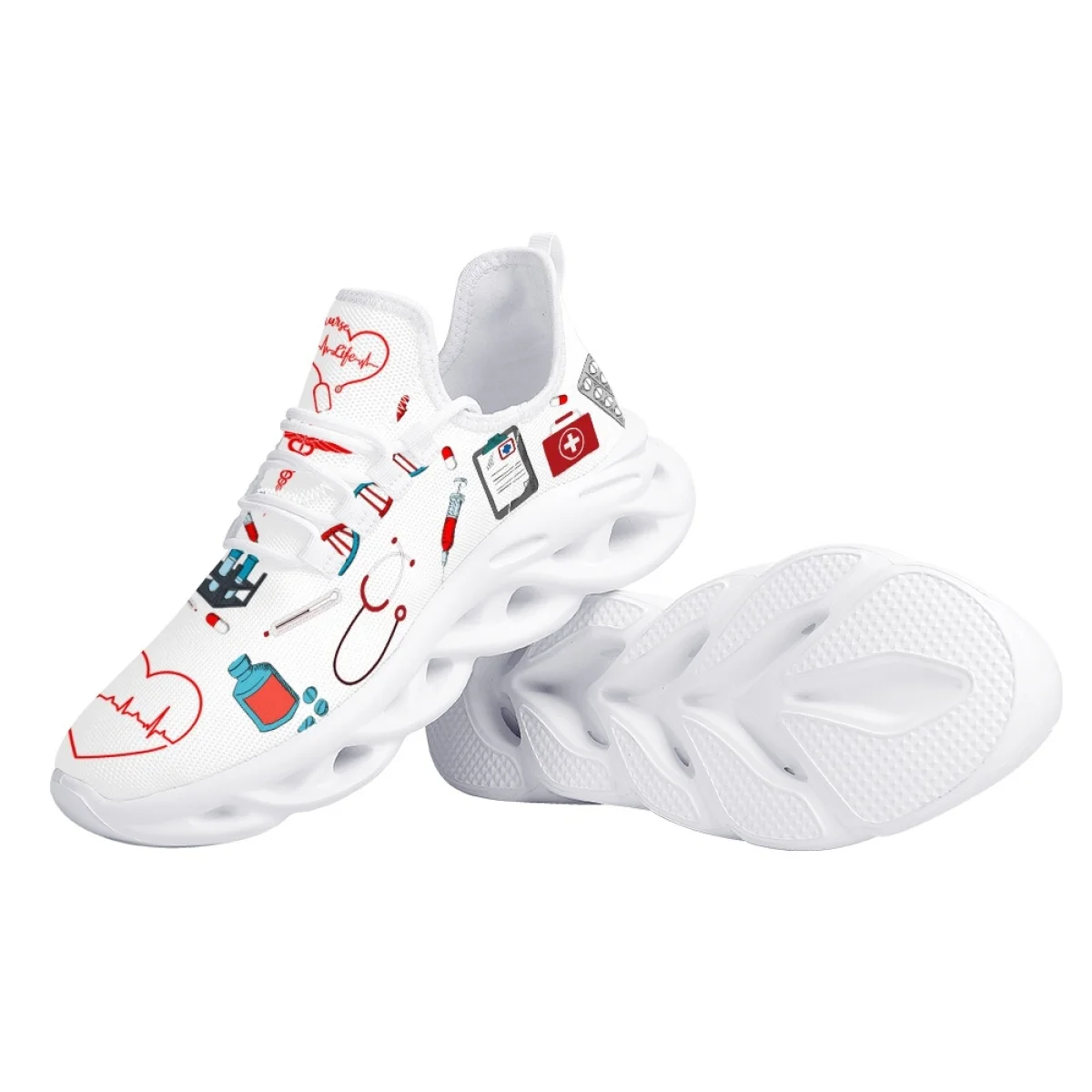 INSTANTARTS New Nurse Shoes for Women Medical Tool ECG Printed Shockproof Air Mesh Sneakers Summer Breathable Non-slip Walkings