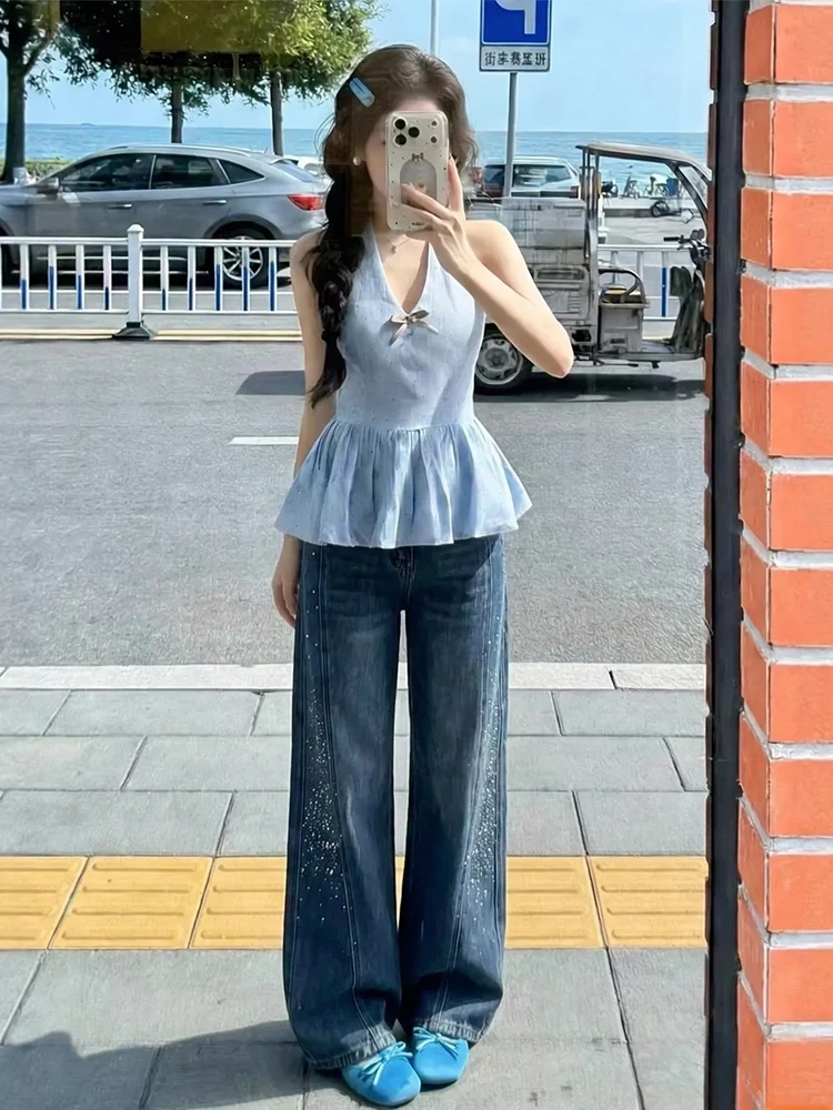 

Blue Retro Slim Fit Rhinestone Wide Leg Jeans Women's Spring New Design Loose Slimming Pants High Waist ket Detail