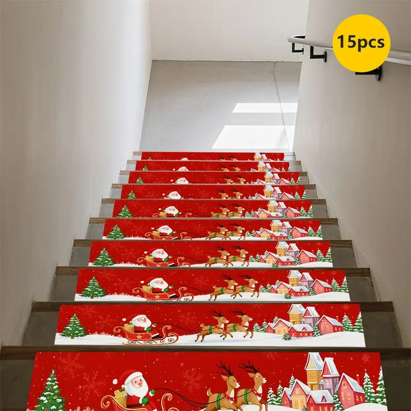 VIKAMA Christmas Stair Treads Non Slip Staircase Mat Santa Reindeer For Indoor Wooden Stairs Holiday Step Rug 15 Pcs Home Decor