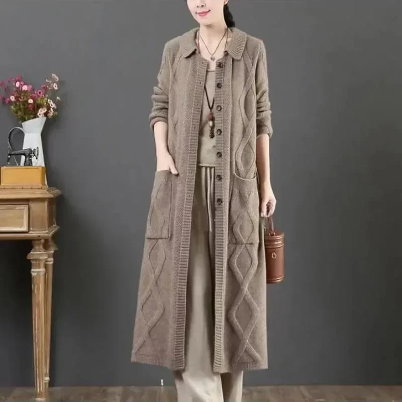 

Women Knitted Long Cardigan Maxi Turn Down Collar Sweaters Loose Casual Elegant Jumpers Autumn Winter Knit Splice Open Stitch