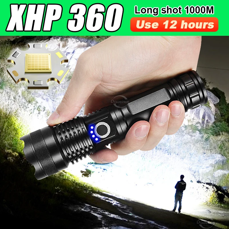 

Powerful XHP360 High Power LED Flashlight Super Bright Tactical Flashlight Rechargeable Lantern Outdoor Camping Adventure Torch