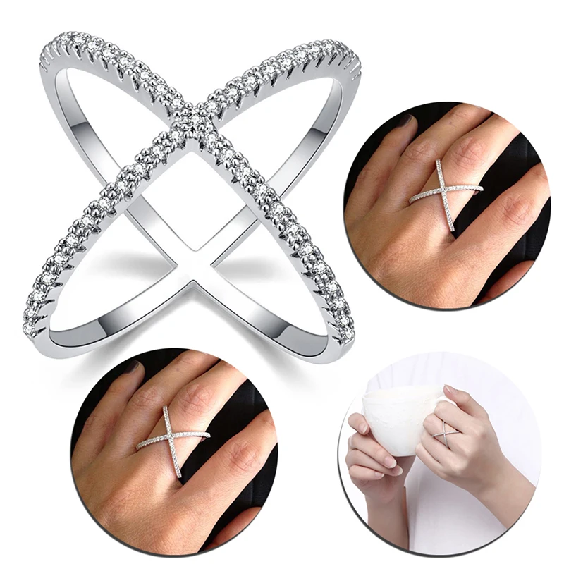 Luxury Cross X Shape Women Engagement Ring Full Paved CZ Stone Silver Color Elegant Simple Female Jewelry Ring Hot Sale