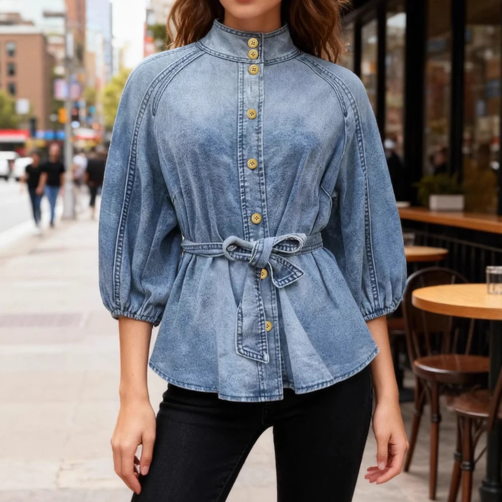 

Women Fashion Washed Denim Shirt Vintage stand Collar 3/4 Puff Sleeve Belted Waist Button Down Jean Top Casual Streetwear Blouse