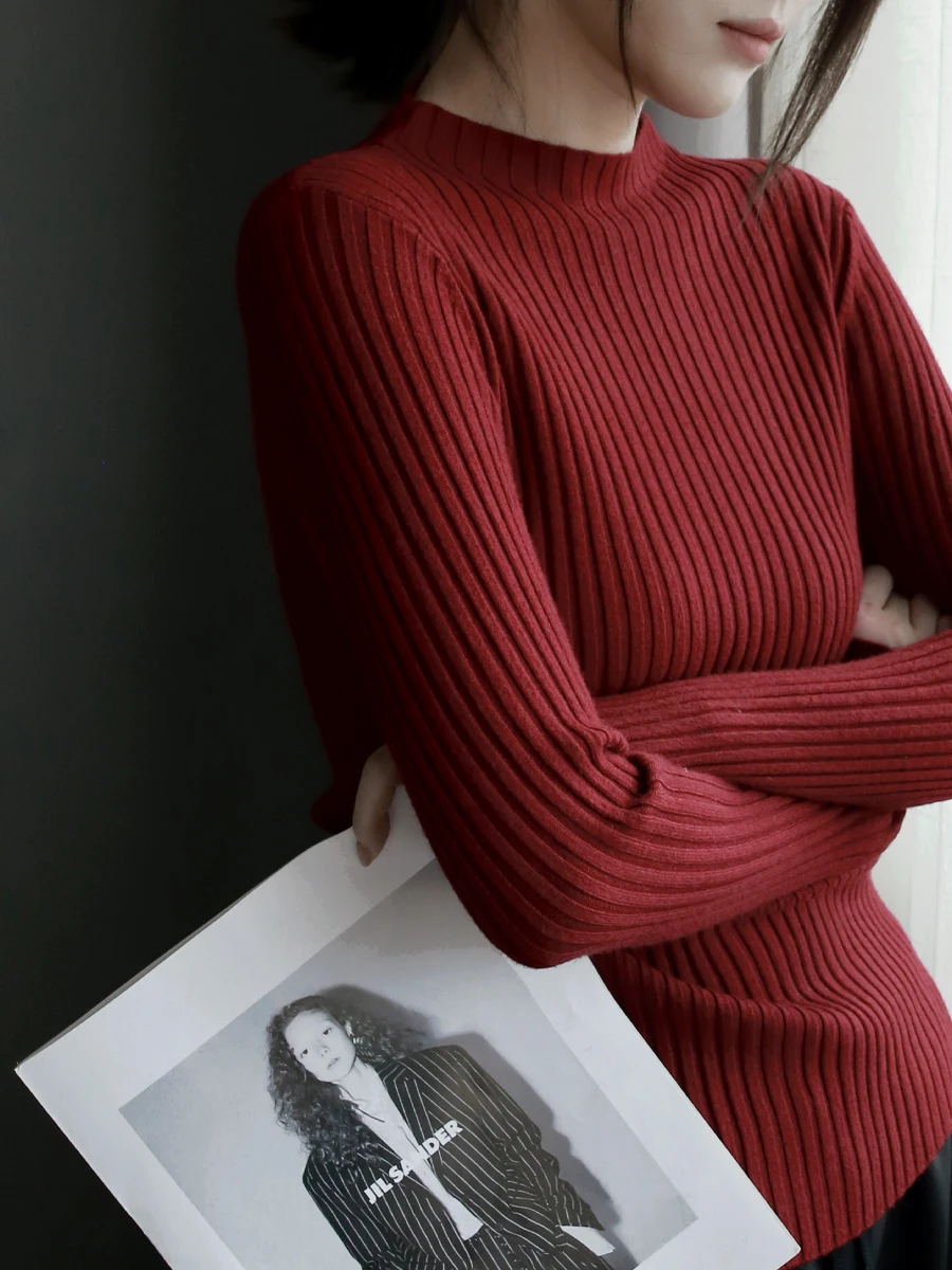 

Warmo2025 Женский эластичный вязаный свитер High Ne, облегающий базовый слой, универсальный длинный трикотаж свека на осень...