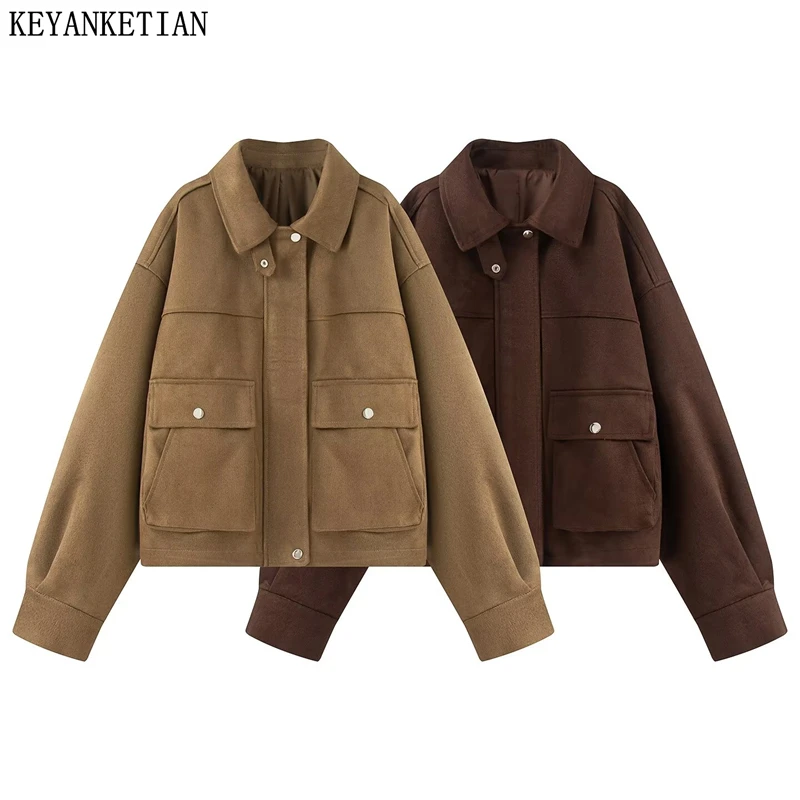 

KEYANKETIAN Autumn And Winter New Women's Retro Lapel Pocket Decoration Long Sleeved Loose Casual Suede Jacket Women Coat