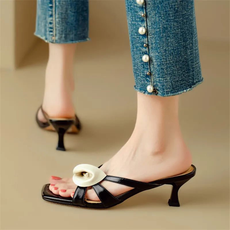 New Summer Slippers Split Leather Women Shoes Square Toe Shoes for Women Fashion Flower Slippers High Heels Sandals Handmade