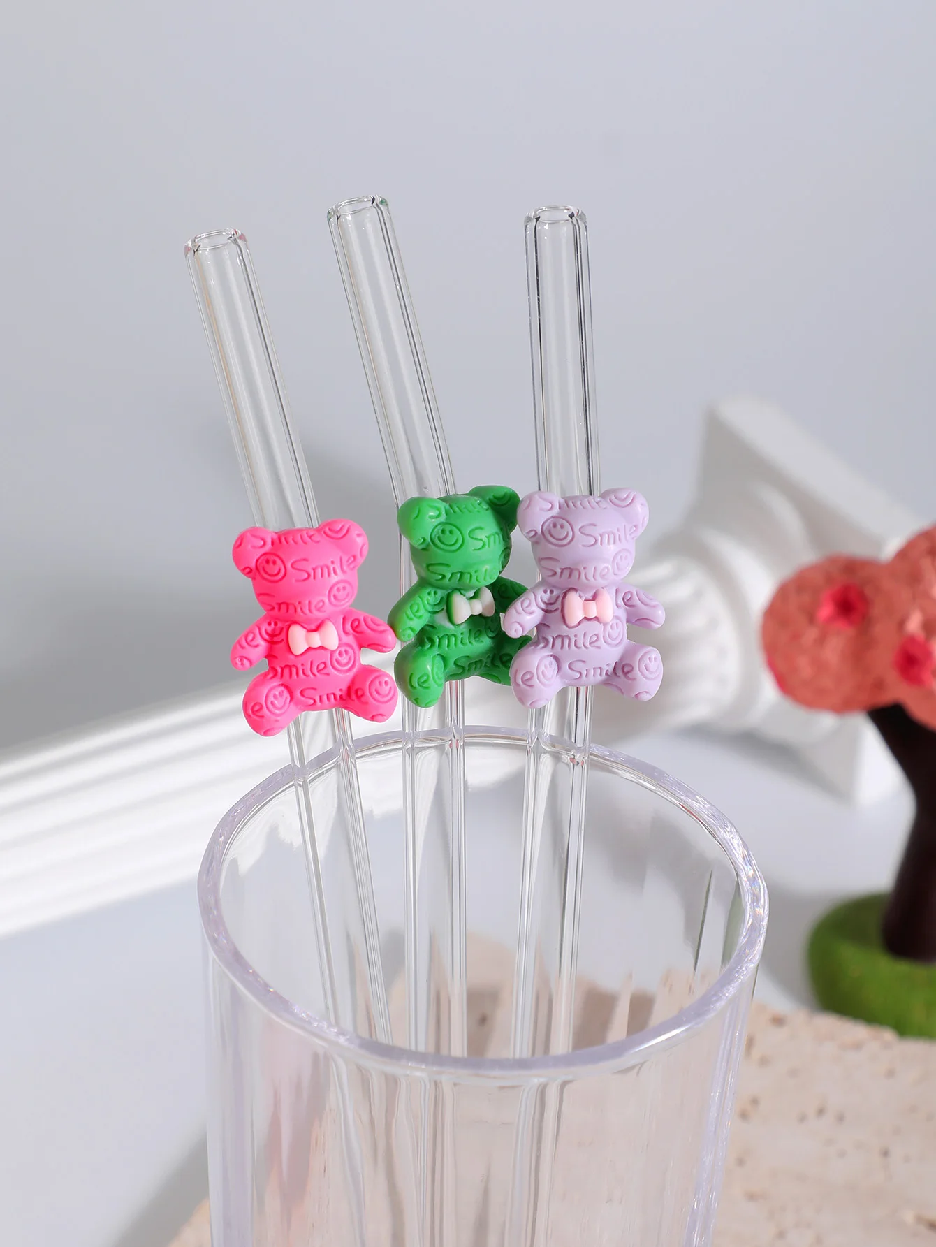 3/6 قطع من قش الزجاج الملون مع فيونكة، شفاطة منحنية قابلة لإعادة الاستخدام لشاي بوبا والمشروبات والكوكتيلات، هدية متجر الحلوى للنزهات والحفلات #3