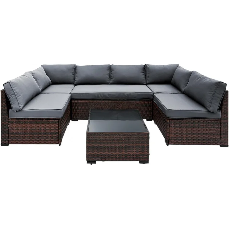 7 piece, PE rattan patio conversation, outdoor sectional furniture sofa set with thick cushions and Coff