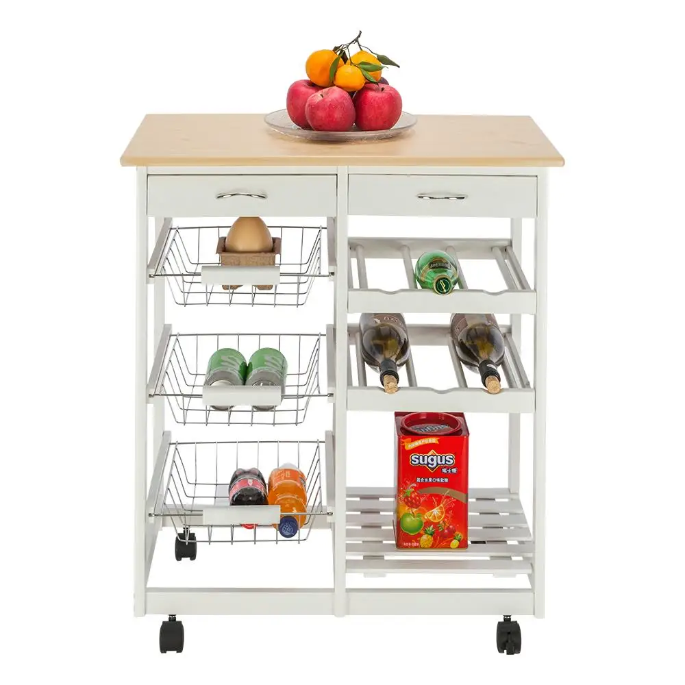 Stylish Moveable Kitchen Cart with 2 Drawers, 2 Wine Racks & 3 Baskets - White Storage Solution