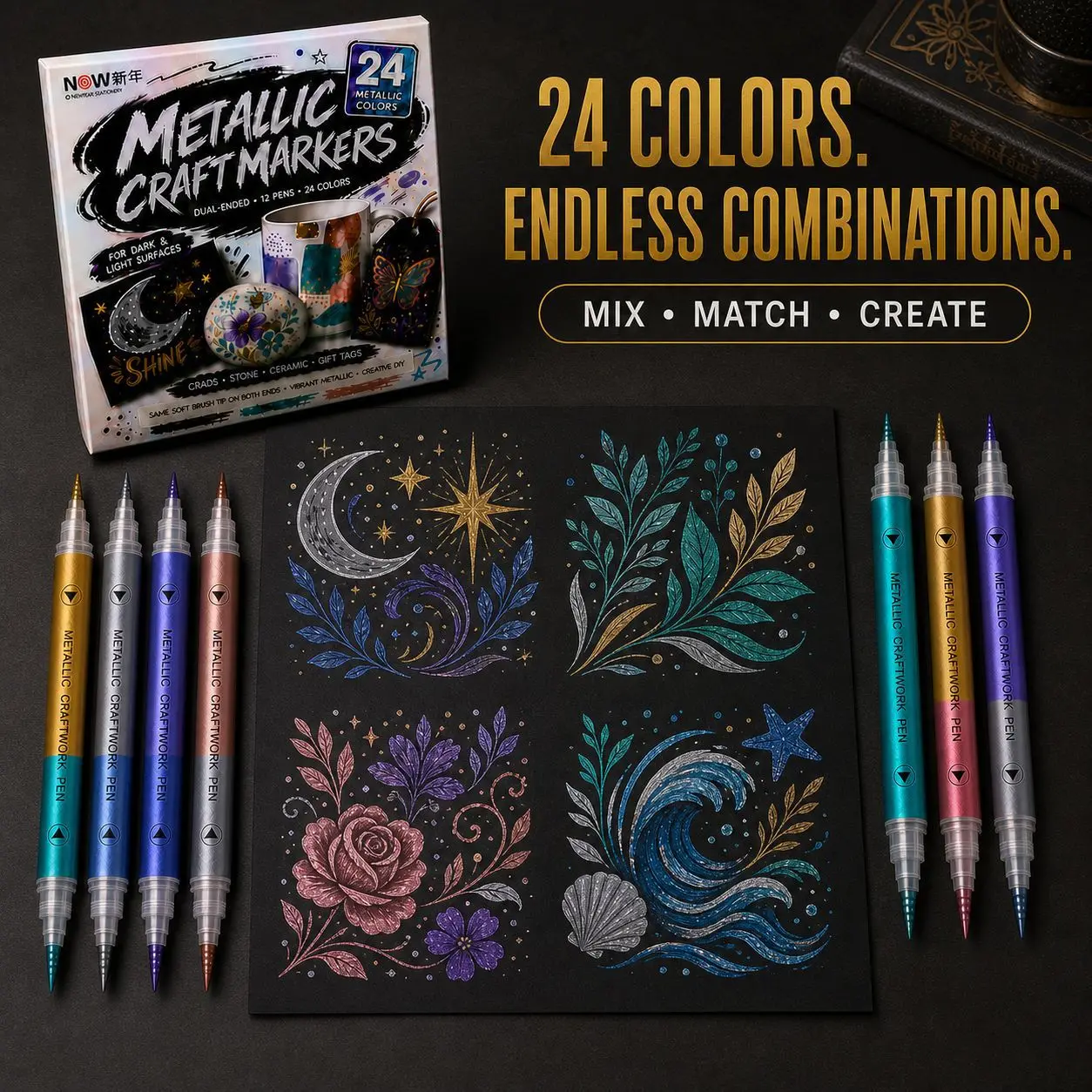 24 Colors Dual Tip Metallic Markers High Visibility on Black Paper for Card Making Rock Ceramic DIY Art Supplies