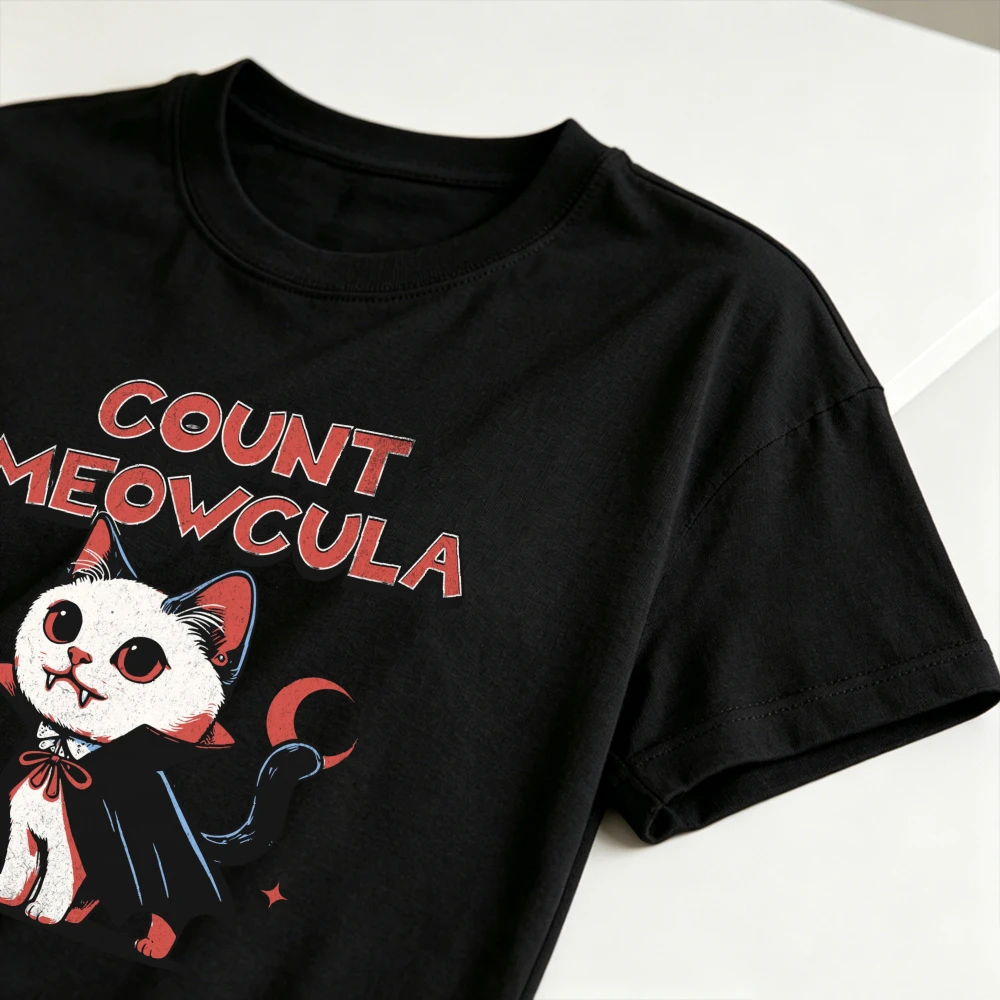 Retro Cartoon Vampire Cat Shirt Count Meowcula Halloween Kitten Crescent Moon Graphic Vintage Funny Animal Print Unisex Casual T