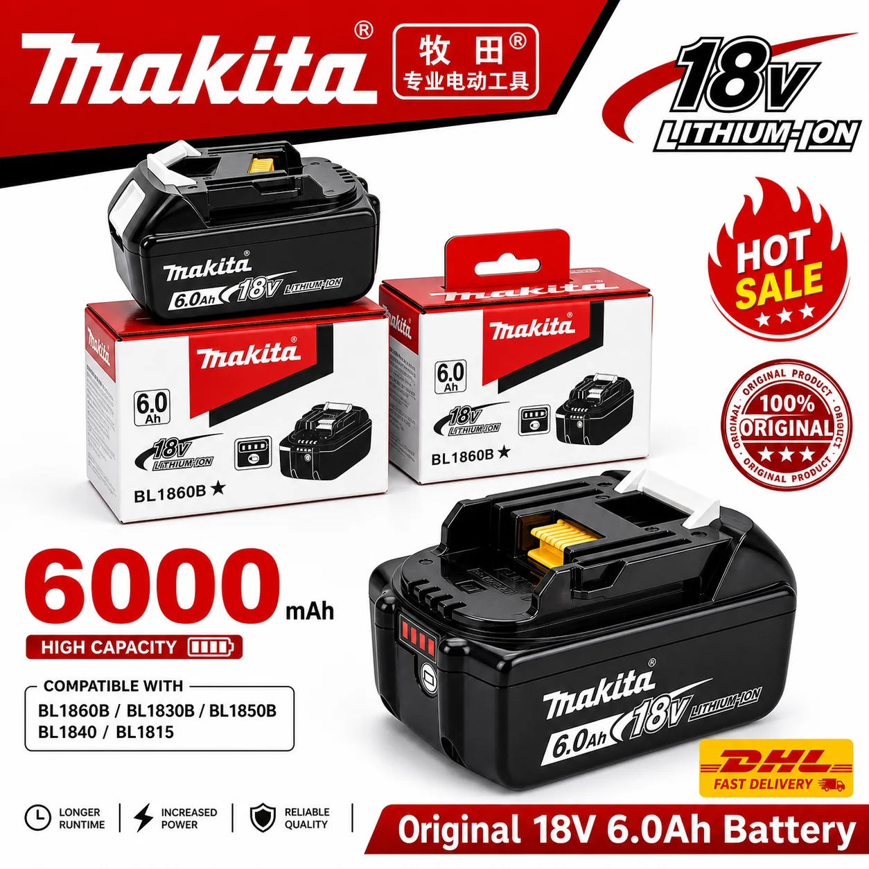 

Genuine 18V 6000mAh Makita Lithium Battery Fits BL1815 BL1830B BL1840 BL1850 BL1860