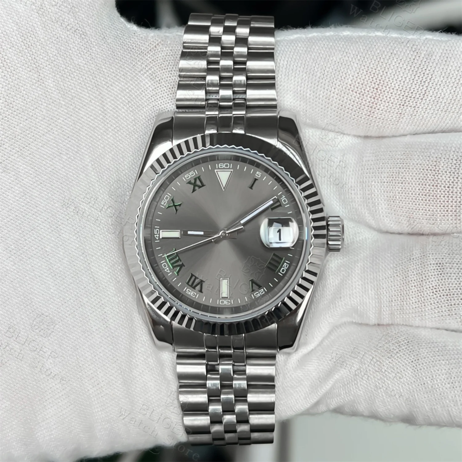 BLIGER Sunburst Grey Dial NH35 Automatic Men's Watch Stainless Steel Band Sapphire Crystal 6