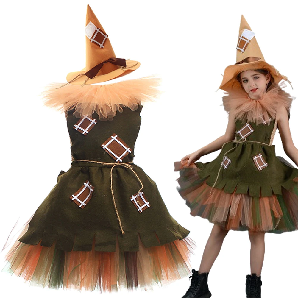 Scarecrow Cosplay Kids Tutu Dress Hat Costume Movie The Wonderful Wizard Outfits Little Girls Dance Clothing Halloween Suits