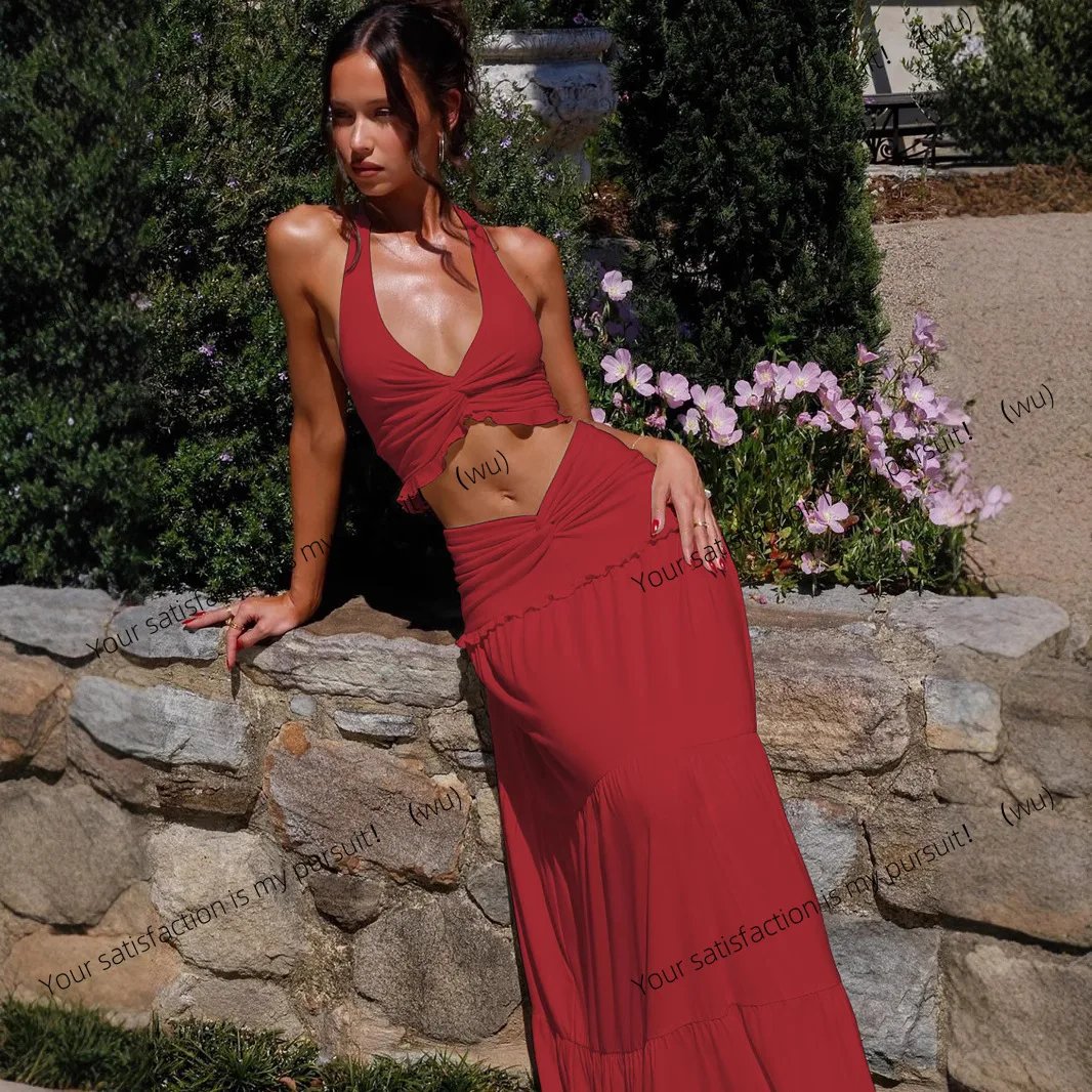 

ZOCI-Winter V-neck neck sling, top with fungus edge and long skirt two-piece set