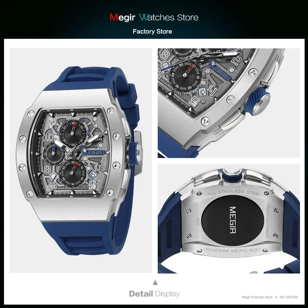 Reloj MEGIR de cuarzo de acero inoxidable 316 para hombre, reloj de pulsera con cronógrafo luminoso resistente al agua a la moda con correa de silicona con fecha automática