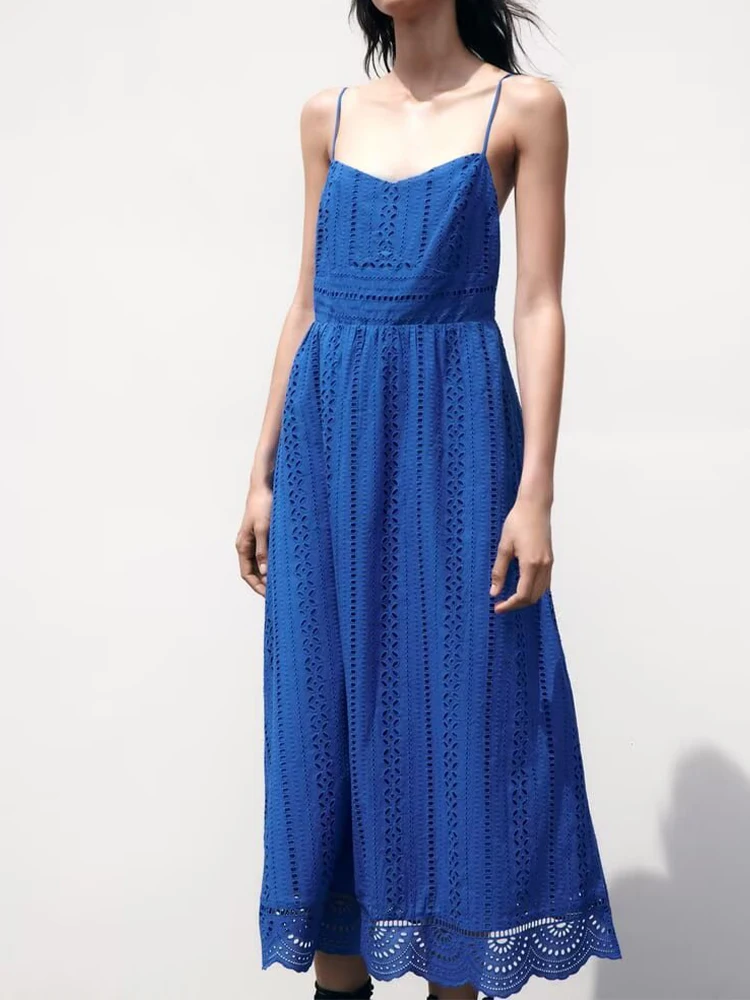 

Summer new women's clothing European and American style French fashion design hollow embroidery suspender dress