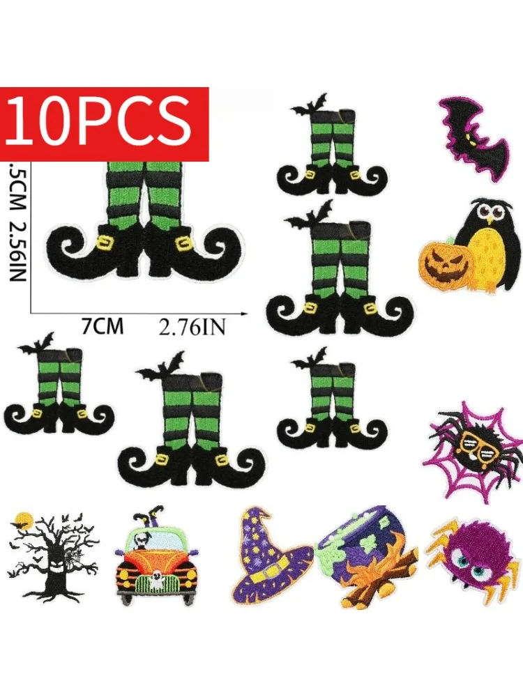 Lot de 10 écussons thermocollants brodés de dessins animés d'Halloween (fantôme, crâne, chauve-souris, araignée, chat) pour vêtements, vente en gros