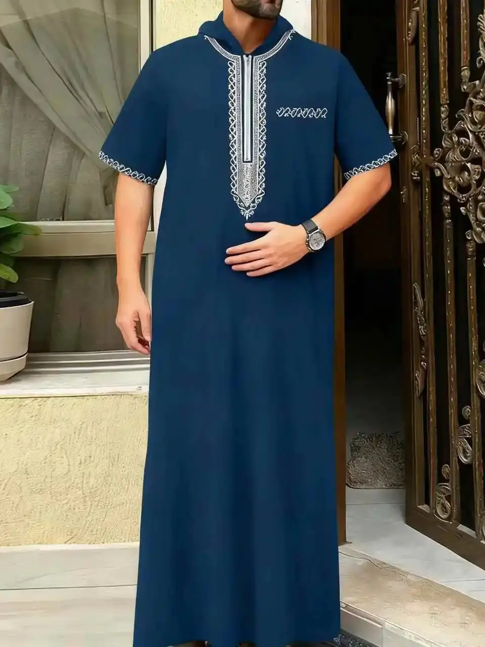 Colletto rialzato ricamato a maniche lunghe in stile etnico e design con cerniera, abito tradizionale da festival arabo per uomini musulmani