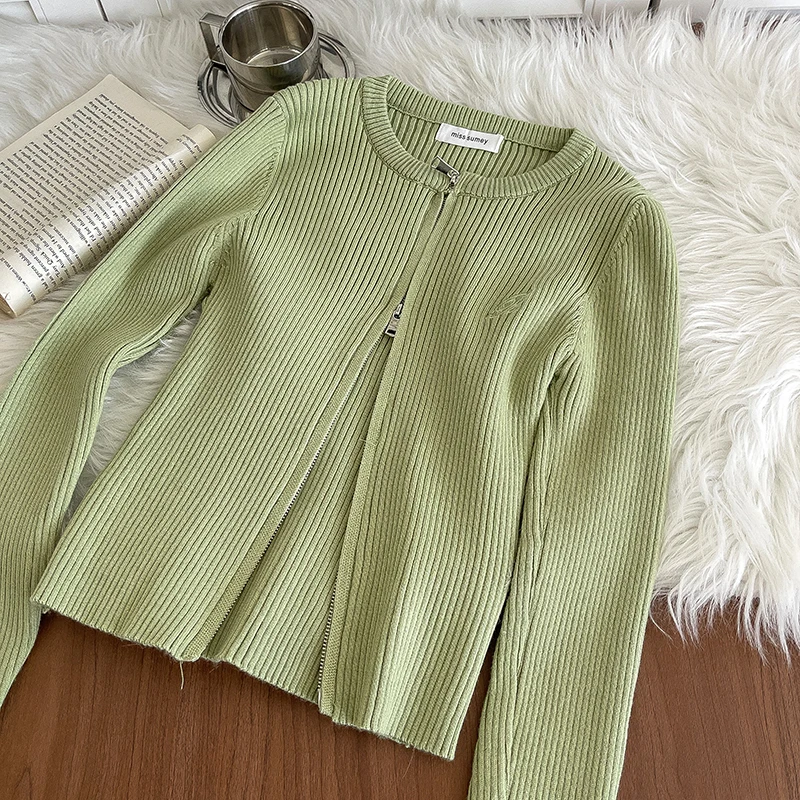 Short Double Zipper Slim Sweaters Women's Knitted Tops 2024 Spring Autumn New Versatile Solid Color Round Neck Soft Sweater