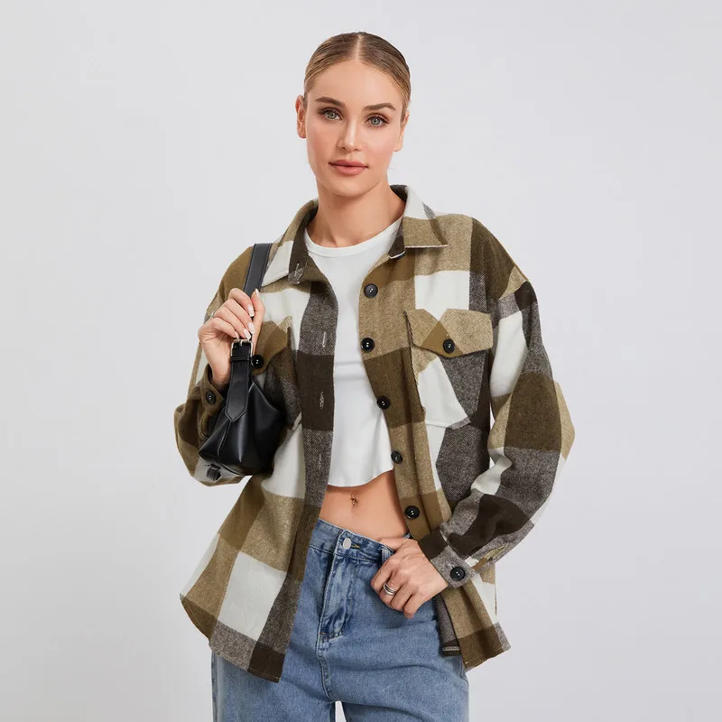 WPNAKS Women Plaid T-shirts Jackets Spring Autumn Clothes y2k Casual Long Sleeve Button Down Shacket Shirt Coats with Pockets