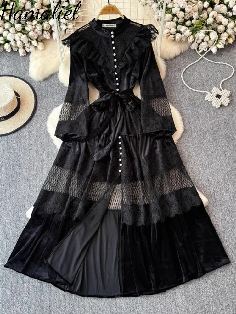 French Vintage Lace Embroidery Patchwork Velvet Lantern Sleeve Dress Pearls Buttons Black Lace Up Wedding Party Prom Vestidos