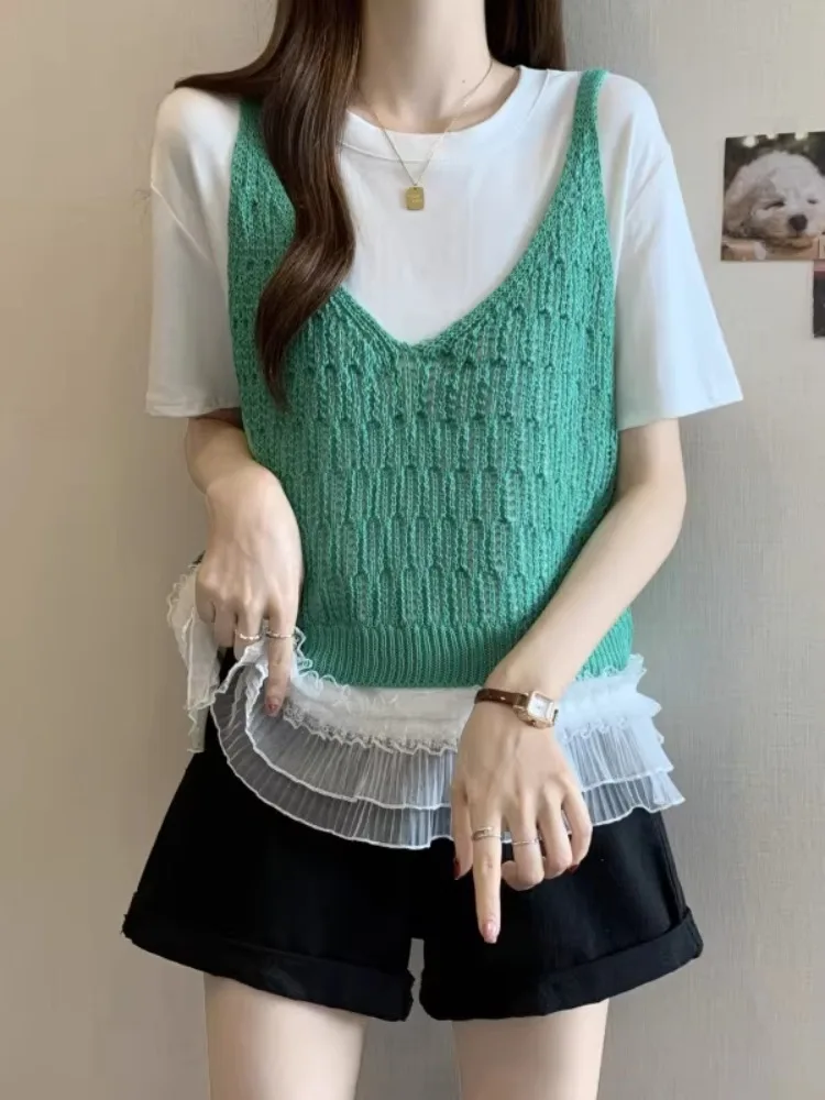 Chic Blue Knitted Vest Women's Spring Summer Outerwear Short Sleeveless Korean Style Breathable Polyester Fiber V-Neck Loose Fit