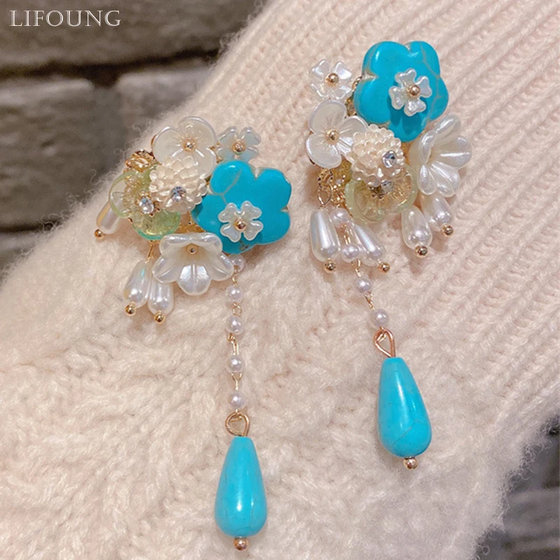 Cute Flower Earrings For Women Cream Imitation Pearls Turquoise Color Resin Cluster Beads Romantic Fashion Jewelry Party 2023398