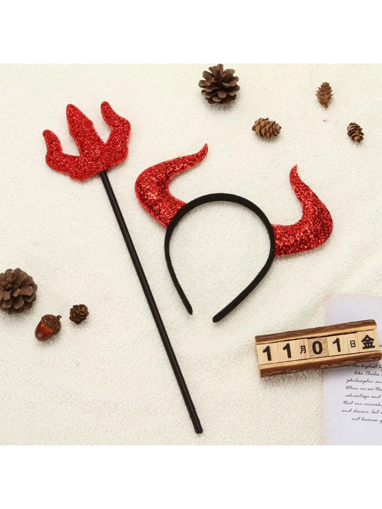 PESENAR-Accesorios de disfraz de diablo completo, disfraz de Halloween, Lucifer, Satán, diadema de cuerno y tenedor, fiesta de vacaciones, Juego