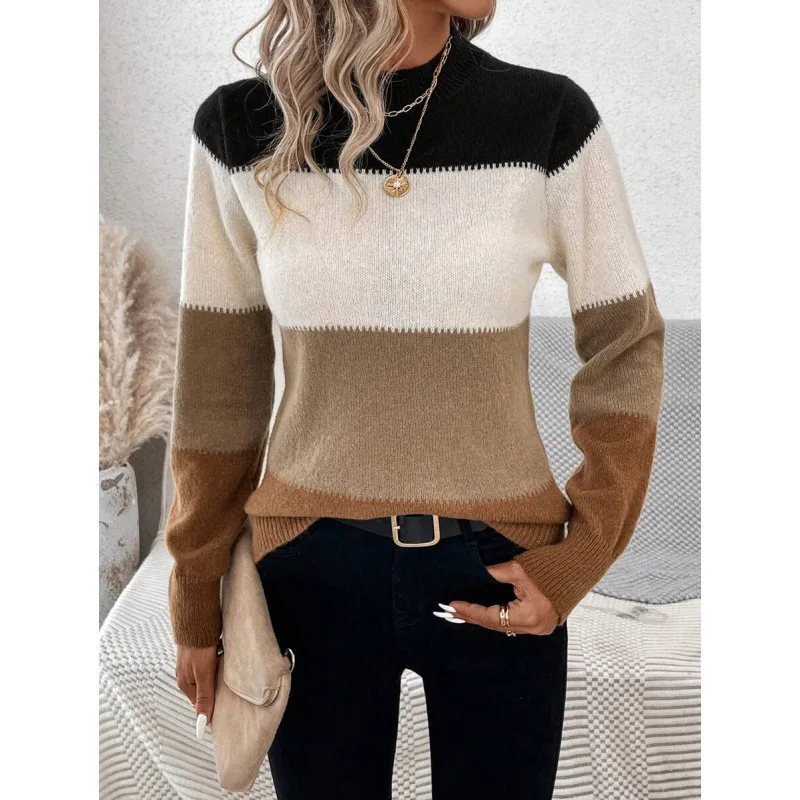 

Color Block Knitwear round Neck Collar Collision Color Men's Sweater Spring Season Non-deformable Fabric Women's Fashion