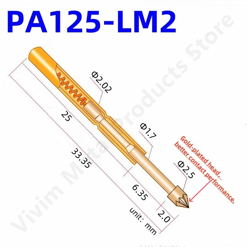 100PCS PA125-LM Spring Test Pin P125-LM Test Probe P125-LM2 PogoPin PA125-LM2 33.35mm Dia2.02mm Pin Head Dia 2.5mm PCB Test Tool