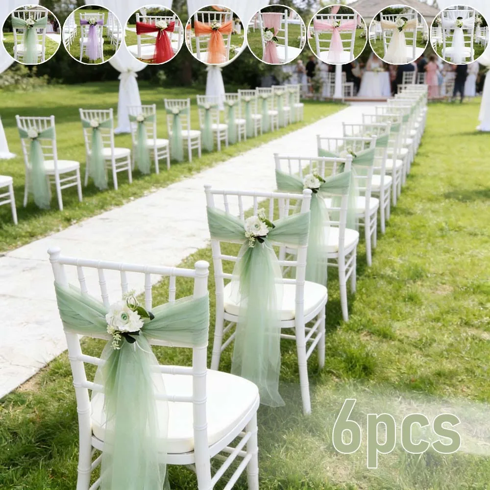 

Chiffon Gauze Chair Sashes Wedding Chair Bows Cover Ribbon for Wedding Aisle Party Banquet Baby Shower Event Decorations 6pcs