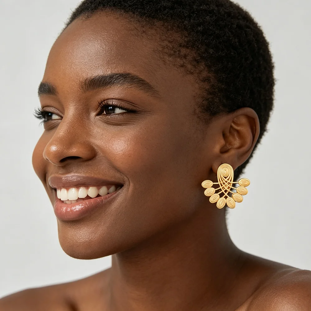 Vintage 18K vergoldetes florales geflochtenes Ohrringe-Ring-Set für Damen, afrikanischer ethnischer Statement-Schmuck, Hochzeitsgeschenk – Detail 4