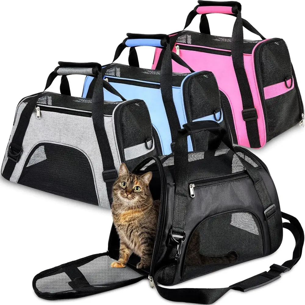 

Cat Carrier Sided Pet Carrying Bag, 16.9 x 11x 7.5 Inch, Portable Foldable Comfortable Bag for Small Pet Travel (Black, Gray, Pi