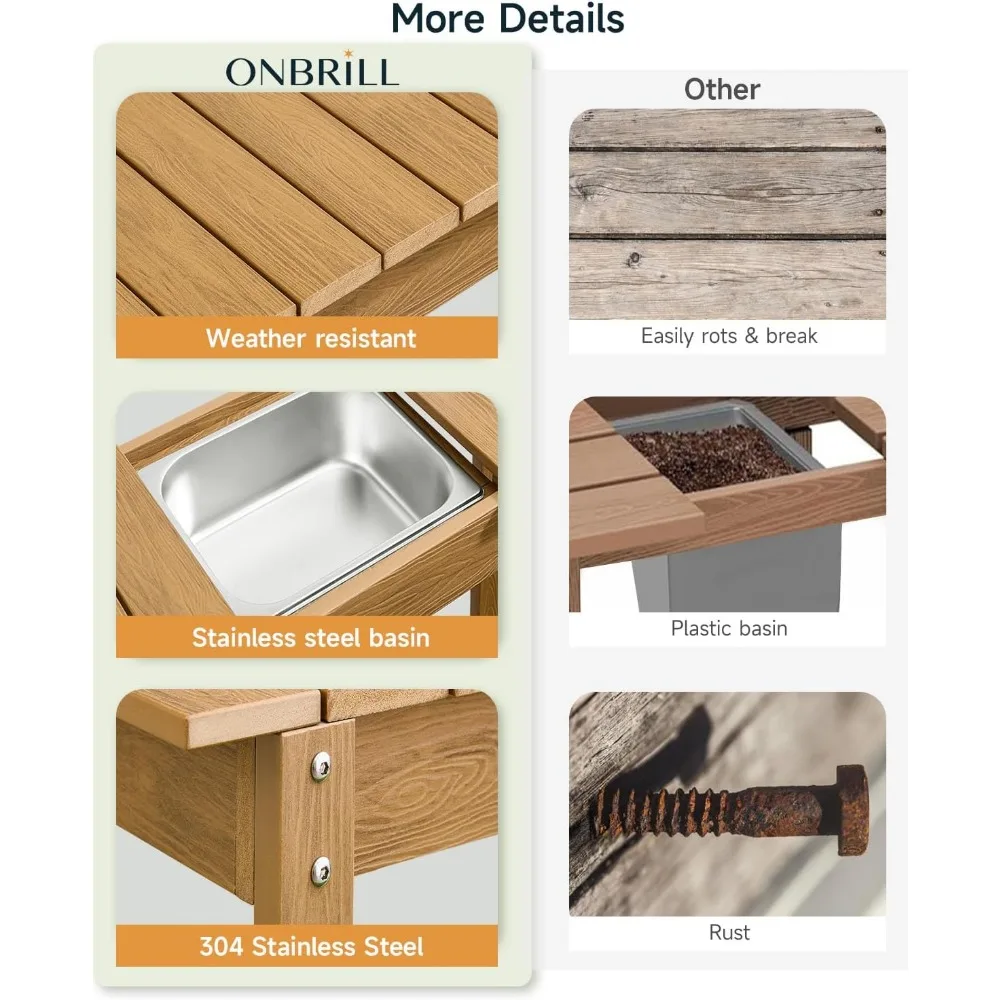 HDPS Outdoor Potting Bench with Sliding Tabletop/ 4 Wheels/Removable Sink, All-Weather Outside Garden Work Table, No Rust/Fade/B