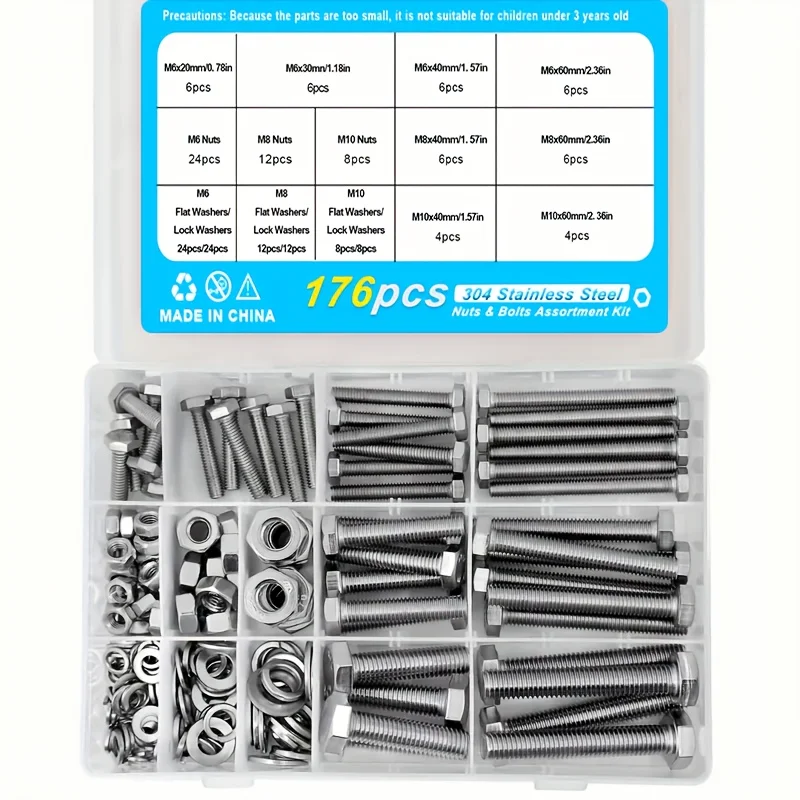 M6 M8 M10 Heavy Duty Bolts And Nuts Assortment Kit, 304 Stainless Steel, Includes 8 Most Common Sizes