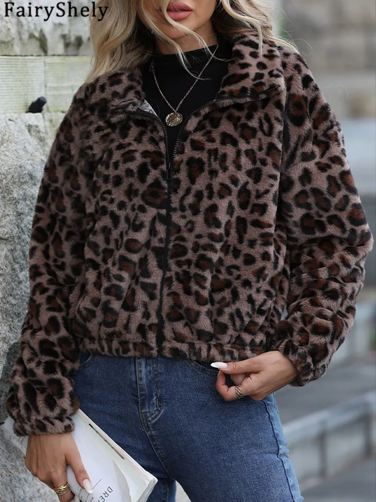 FairyShely 2024 Winter Leopard Print Women Jacket Thick Plush Hooded Warm Long Sleeve Coat Soft Zipper Loose Cardigan Lady Coat