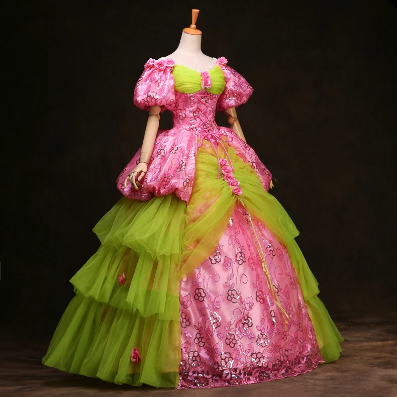 New European Style Royal Court Clothes Pink Flower Costume Women's Photo Stage Dress