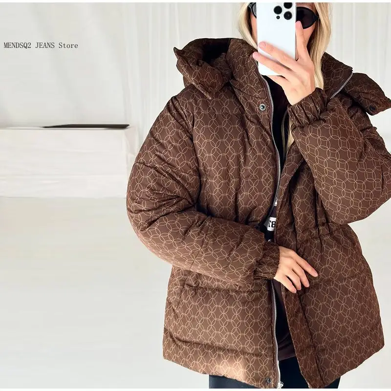 Winter Daily Casual Outwear Print Women's Mid-Length Puffer Jacket Hood Drawstring Waist Zip Front Full Sleeve Coat
