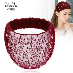 Summer Women Headband Elegant Pearl Lace Flowers Headwear Headwrap Stretch Turban Hairband Spa Bandana Girls Hair Accessories