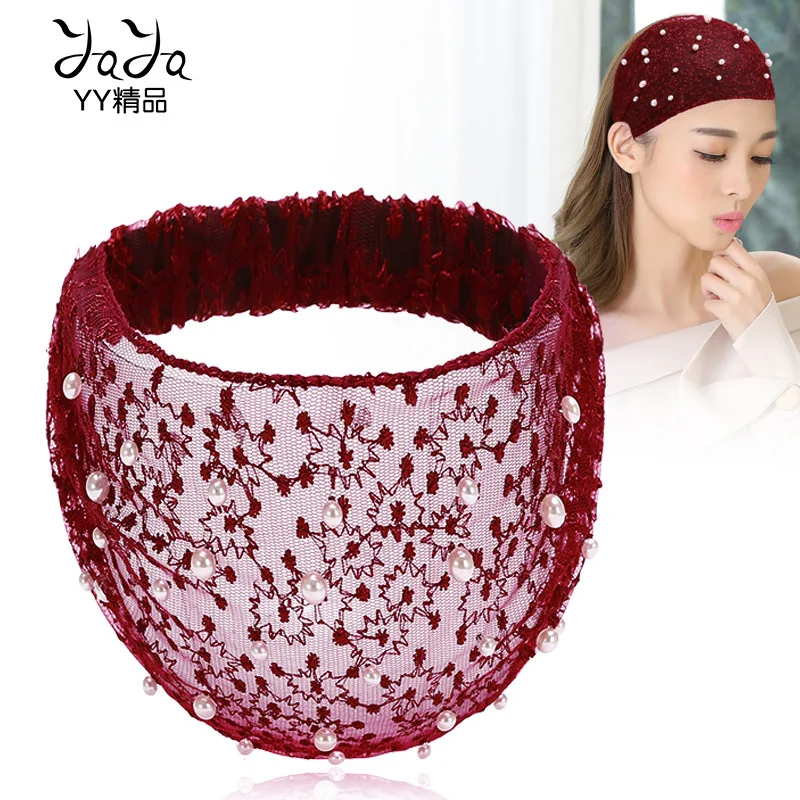 Lato kobiet z pałąkiem na głowę elegancka perła koronki kwiaty nakrycia głowy Headwrap elastyczny Turban Hairband Spa Bandana dziewczyny akcesoria do włosów