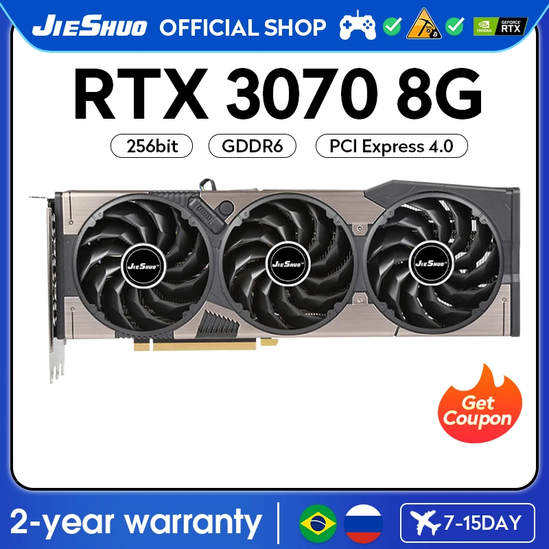 JIESHUO NVIDIA RTX 3070 8GB Gaming Graphics GPU 256-bit GDDR6 PCI-E 4.0 16X RTX3070 8G PC Desktop Video Office KAS ETC RVN CFX