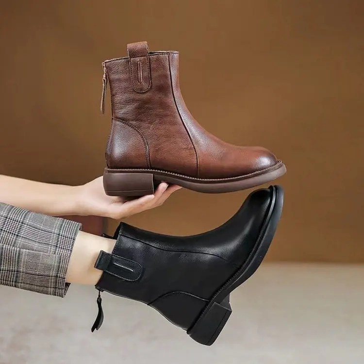 

Autumn and Winter New Soft Bottomed Women's Ankle Boots Plush Warm Leather Brown Casual Women Thick Low Heeled Short Boots