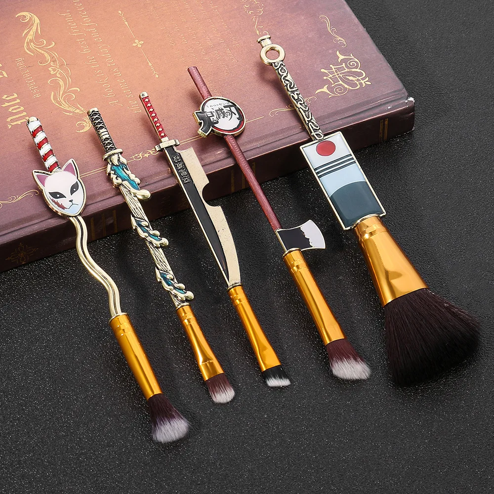 5PCS Demon Slayer Kimetsu no Yaiba Makeup Brushes Cosplay Tool Set Women Powder Eyeshadow Face Cosmeitcs Fan Collect